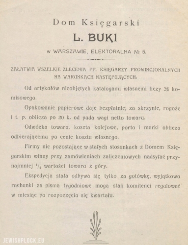 Press advertisement of the Book and Expeditionary  of mejer lejb Buki in Warsaw (source: Polona)